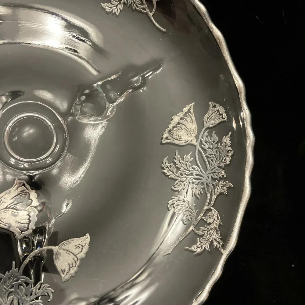VTG Silver City Flanders Silver Overlay Glass Footed Tray Poppy Floral Design